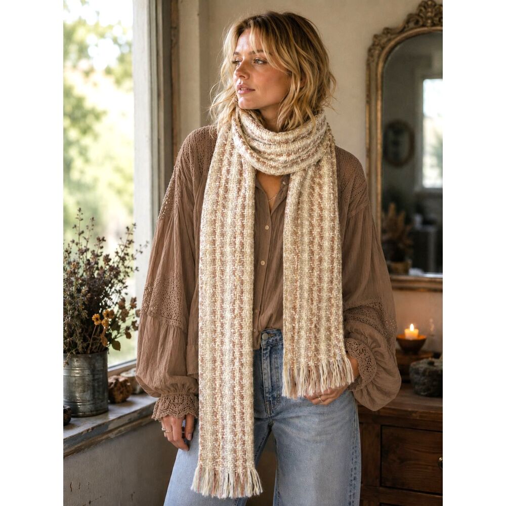 Tapestries Ireland 100% Pure Wool Scarf Irish Herringbone Oatmeal Fringe Winter